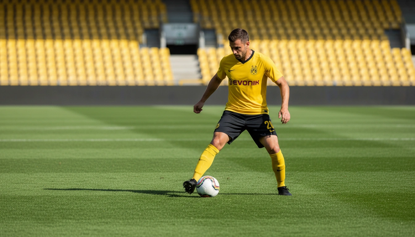 Fußballspieler kontrolliert den Ball während eines Bundesligaspiels