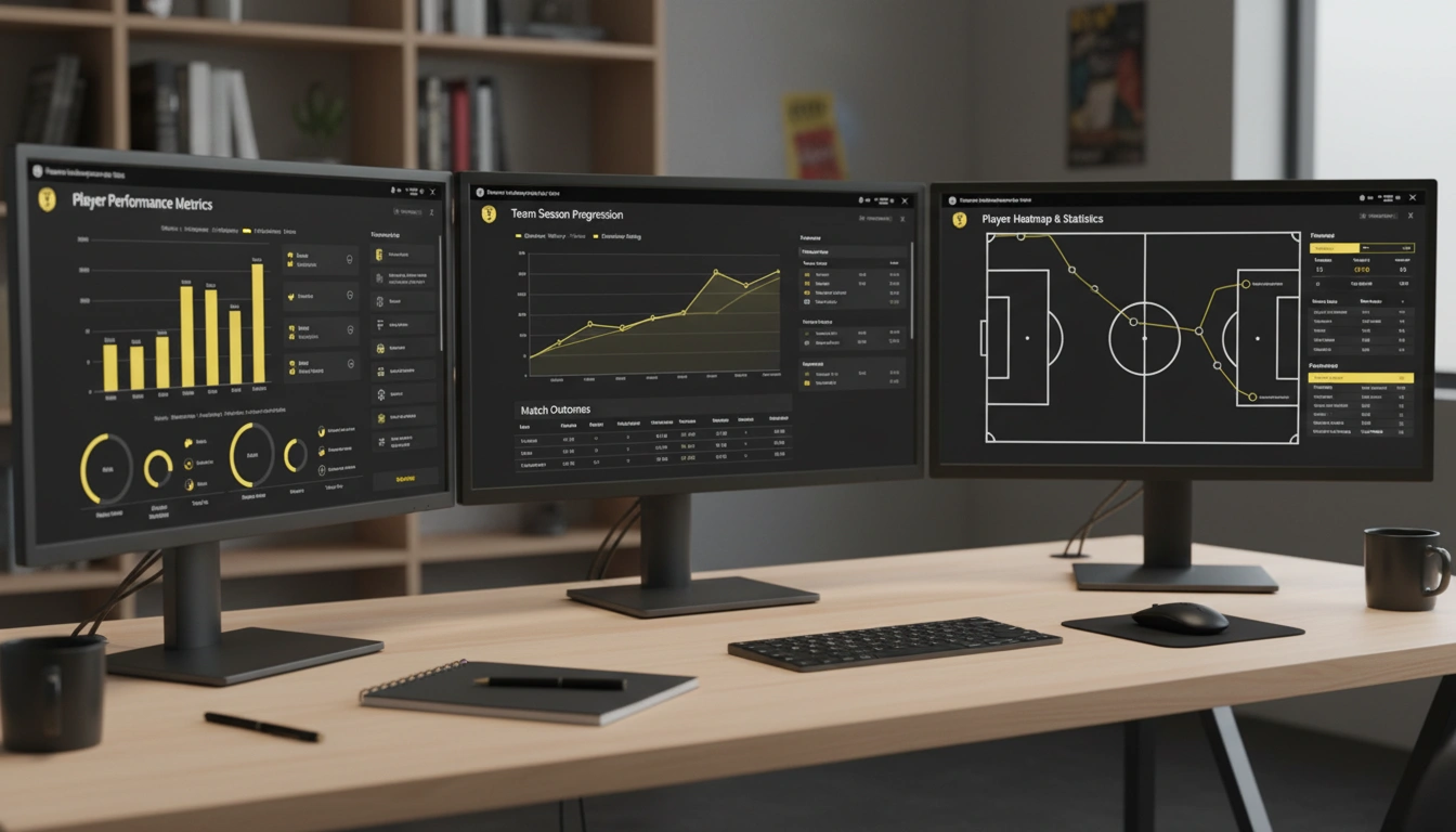 Fußball-Statistiken und Daten auf mehreren Monitoren für BVB-Analyse