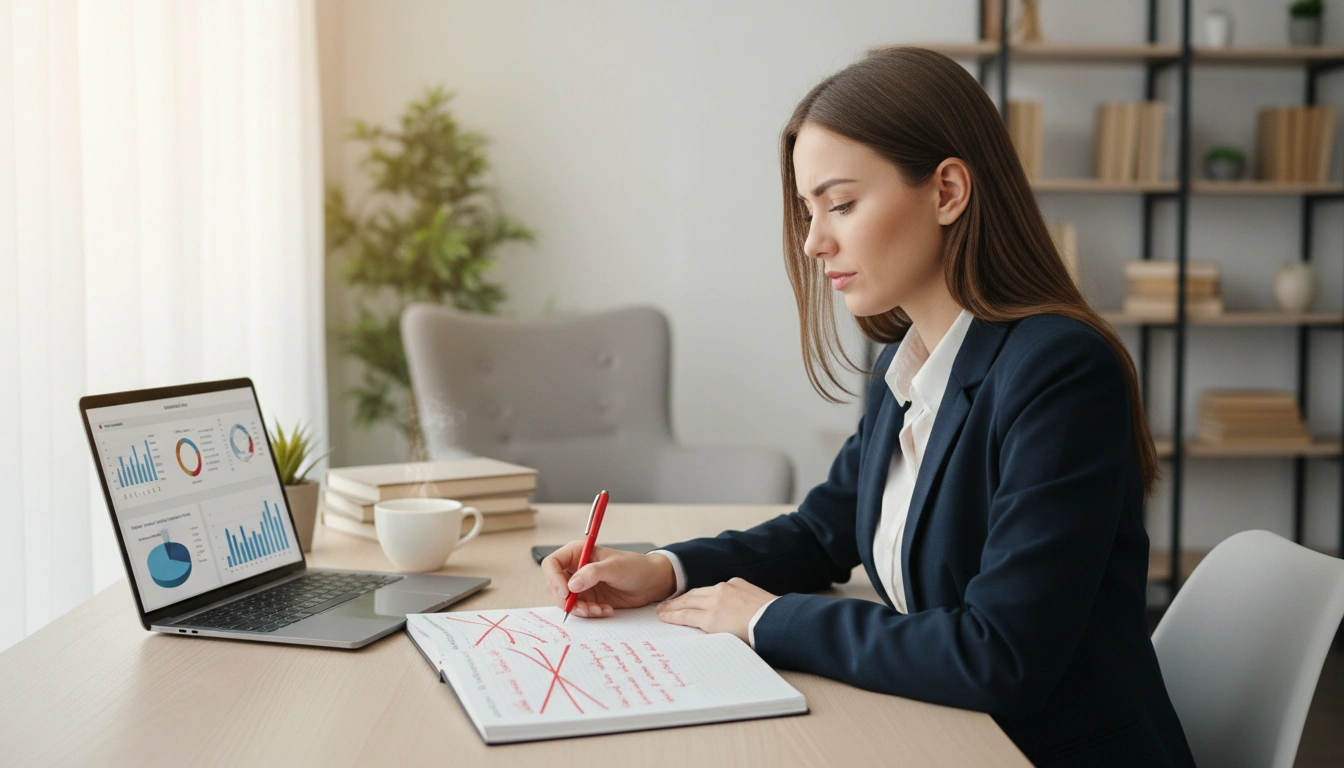 Person analysiert Fehler in Prognosen mit Notizen und Laptop