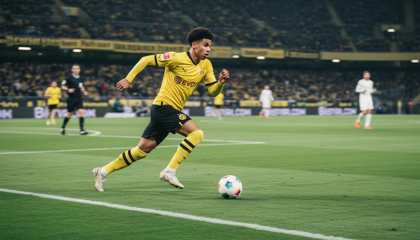 Schneller BVB-Flügelspieler im gelb-schwarzen Trikot sprintet mit dem Ball bei vollem Tempo