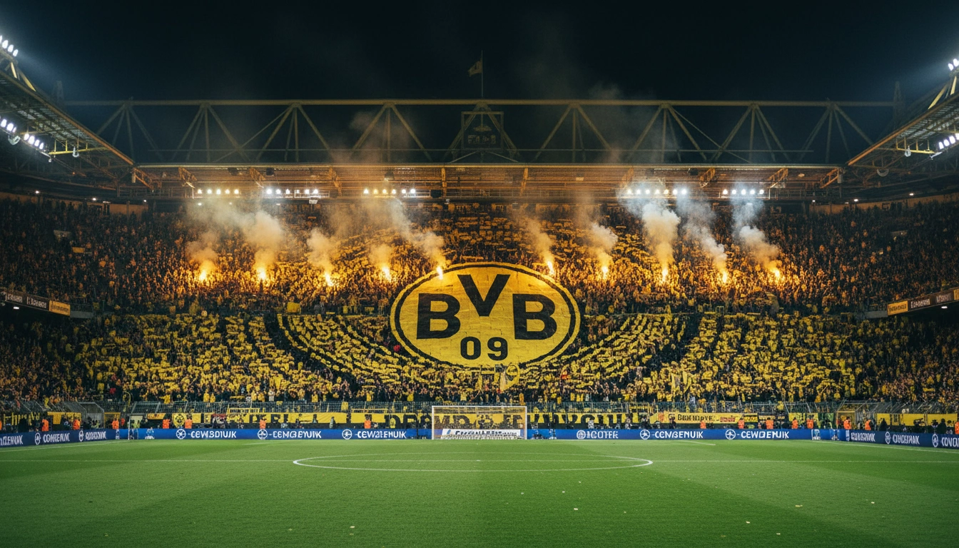 Die berühmte Gelbe Wand im Signal Iduna Park mit 25.000 stehenden BVB-Fans bei einem Heimspiel
