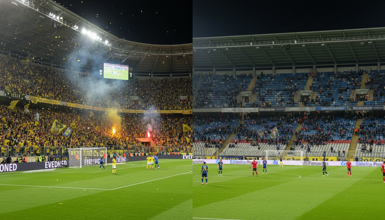 Geteiltes Bild zeigt Heimstadion und Auswärtsspiel-Atmosphäre