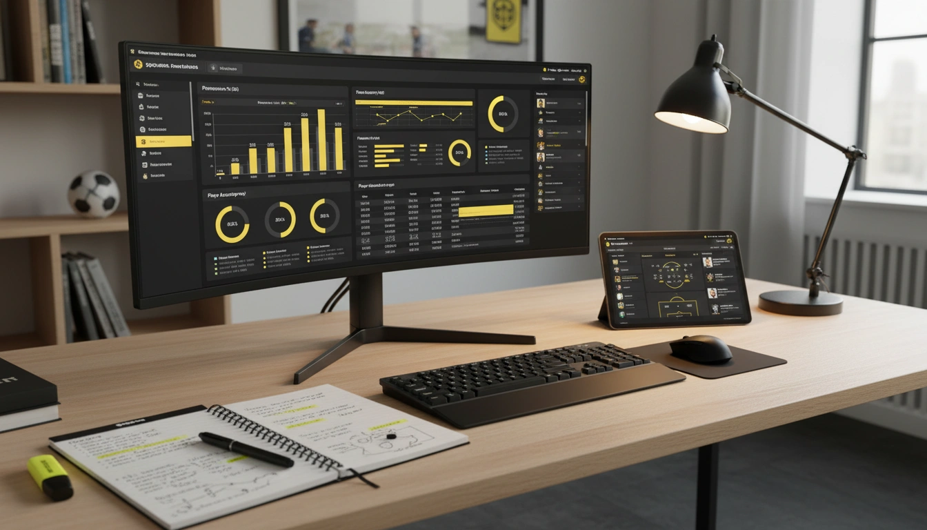 Arbeitsplatz mit Statistik-Tools und Fußball-Analyse auf dem Bildschirm