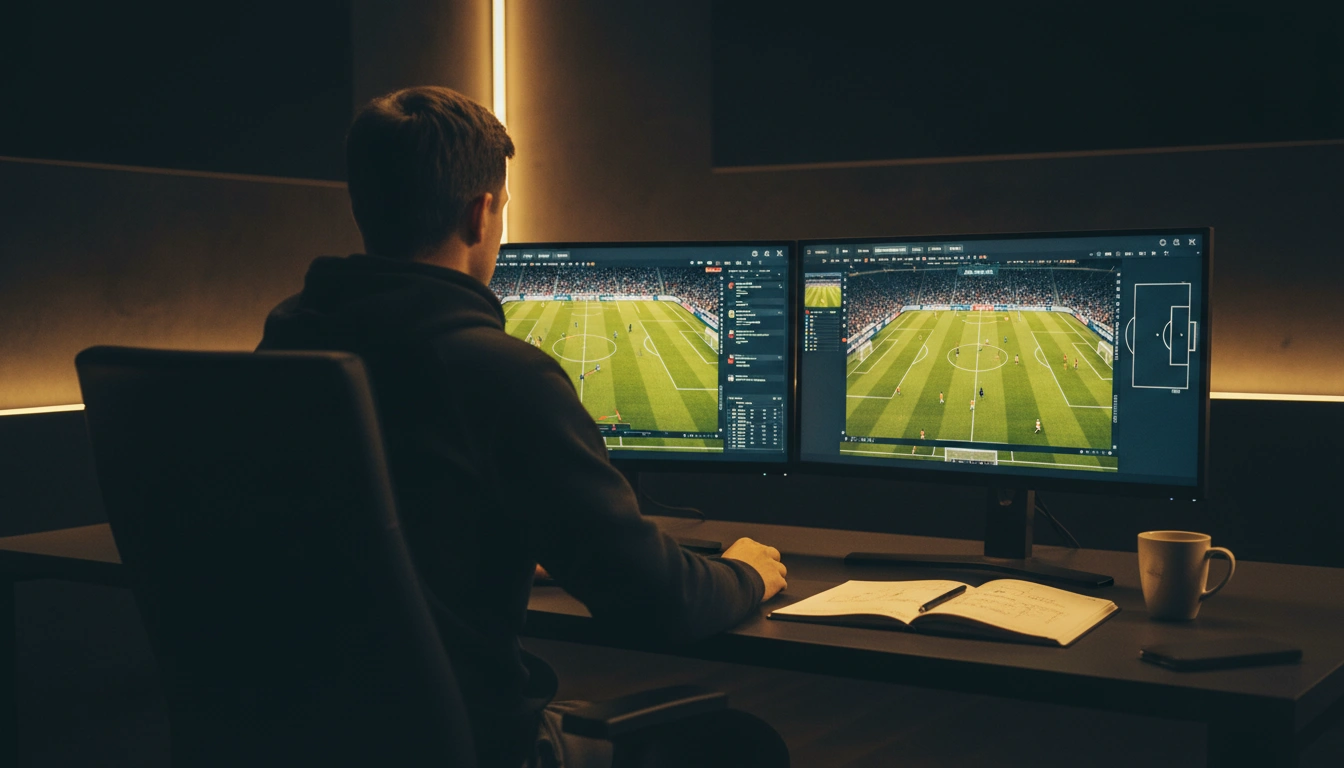 Fußballanalyst studiert Spielmaterial auf mehreren Bildschirmen in modernem Analysebüro