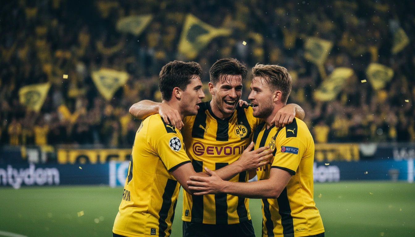 BVB-Spieler feiern gemeinsam ein Tor während eines Champions League Nachtspiels