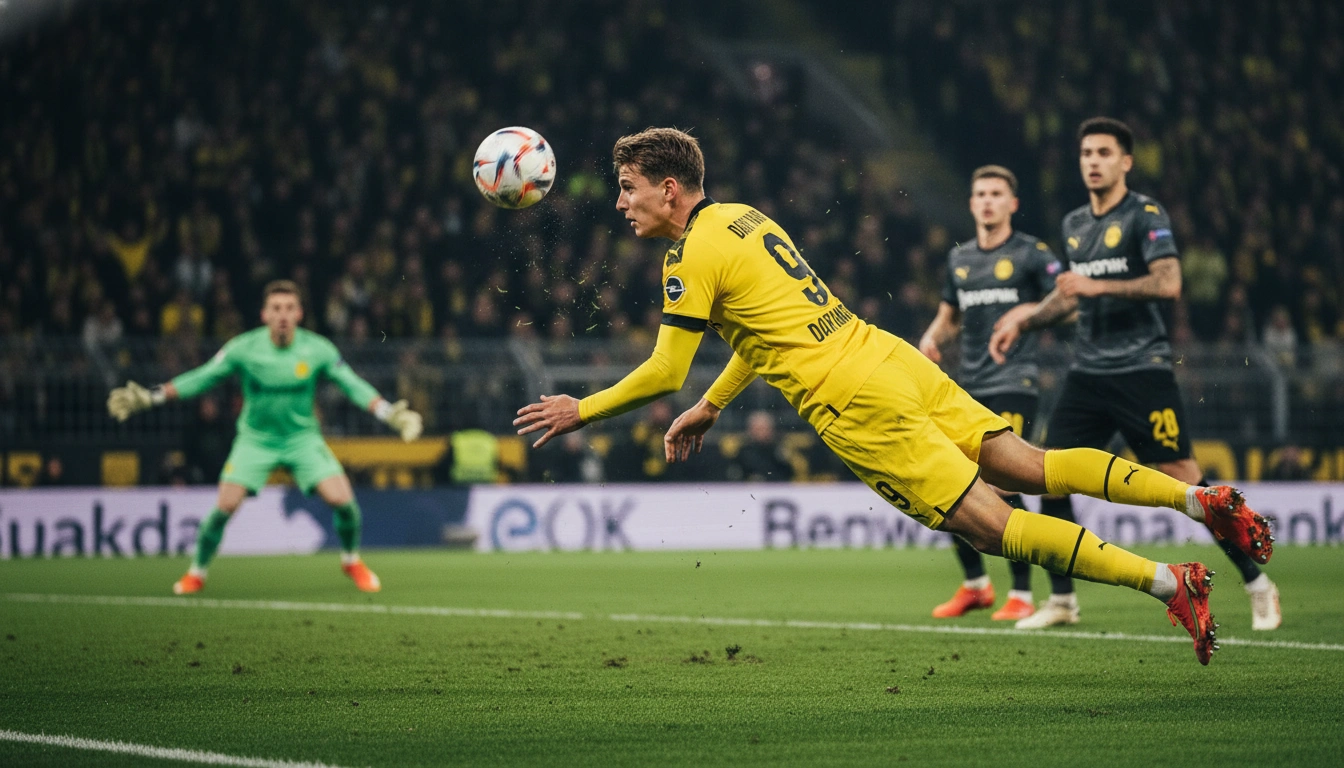 BVB-Stürmer im gelben Trikot beim kraftvollen Kopfball im Strafraum während eines Nachtspiels