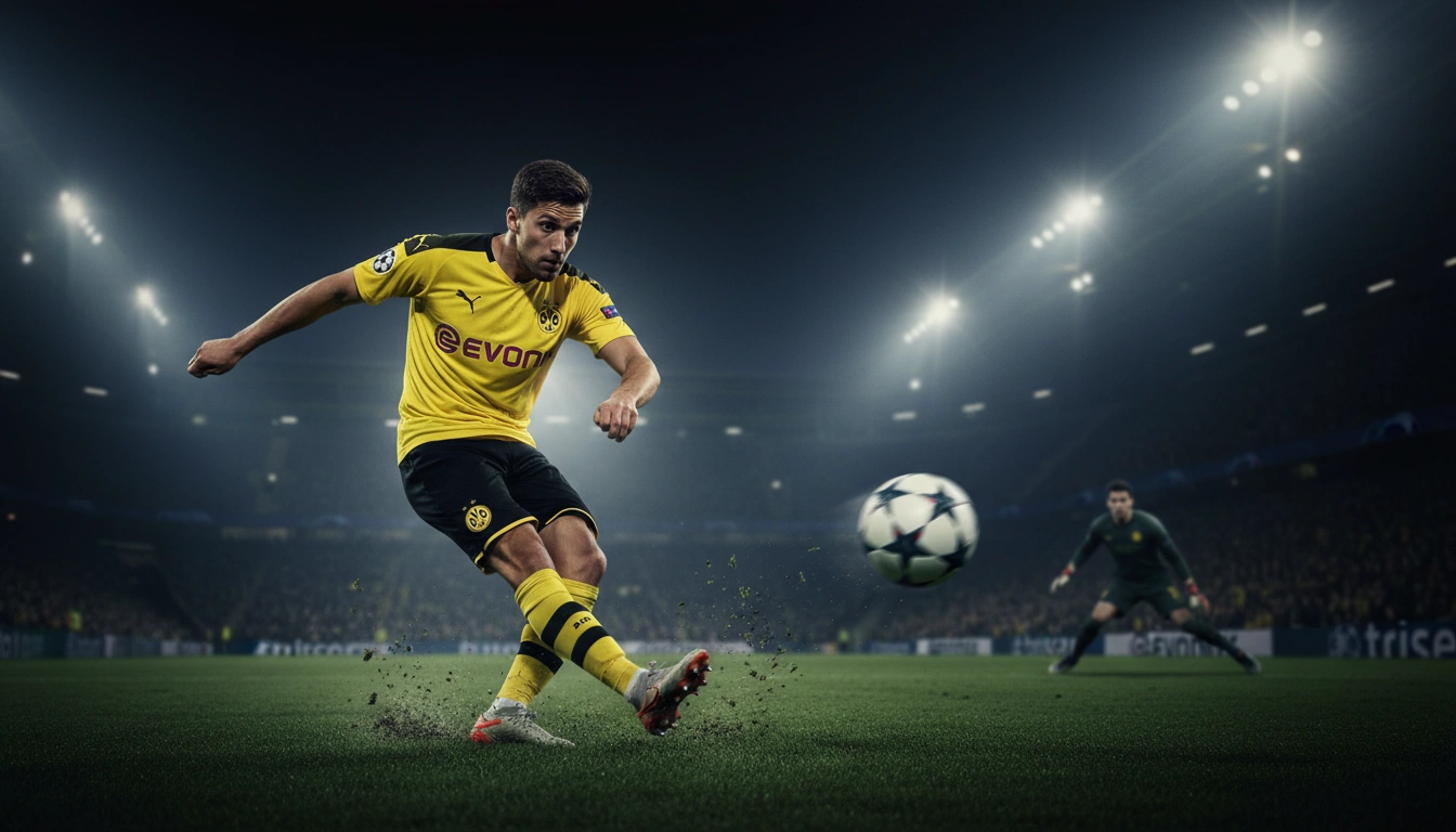 BVB-Stürmer im gelb-schwarzen Trikot schießt kraftvoll aufs Tor während eines Champions League Spiels
