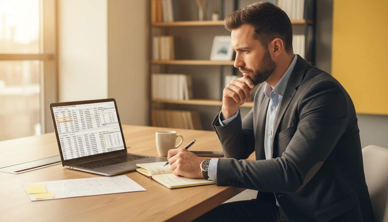 Fokussierter Sportwetten-Analyst bei der Arbeit am Laptop in modernem Büro mit warmem Licht