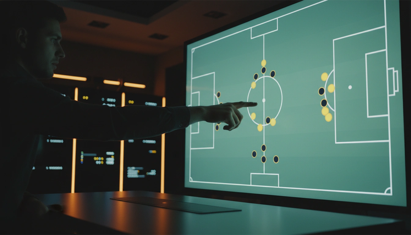 Taktische Analyse auf großem Bildschirm mit Spielfelddiagramm und Spielerpositionen in gelb und schwarz