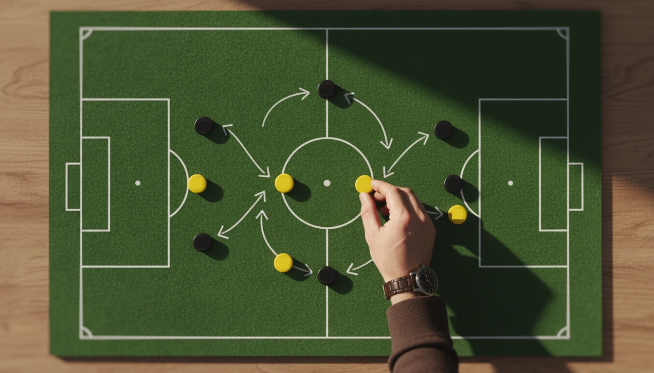 Fußball-Taktiktafel mit gelben und schwarzen Magnetfiguren aus der Vogelperspektive