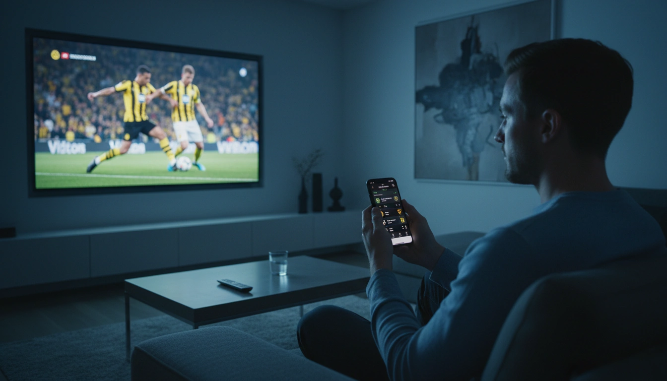 Person schaut Live-Fußballspiel auf großem Fernseher und hält Smartphone mit Wett-App